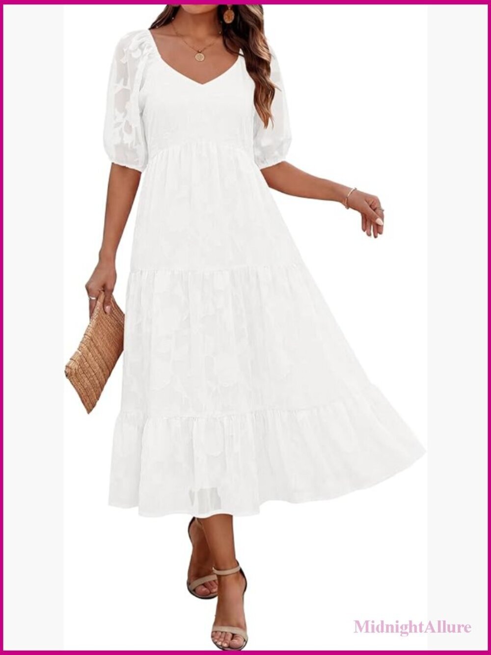 Summer Maxi Dress Short Puff Sleeve V-Neck A-Line Flowy Boho Wedding Guest